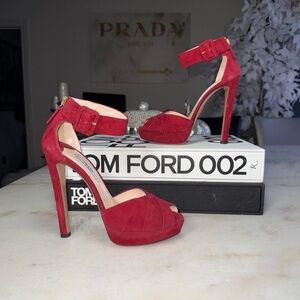 Prada Suede Peep Toe High Heel Sandals with Platform in Wine Red